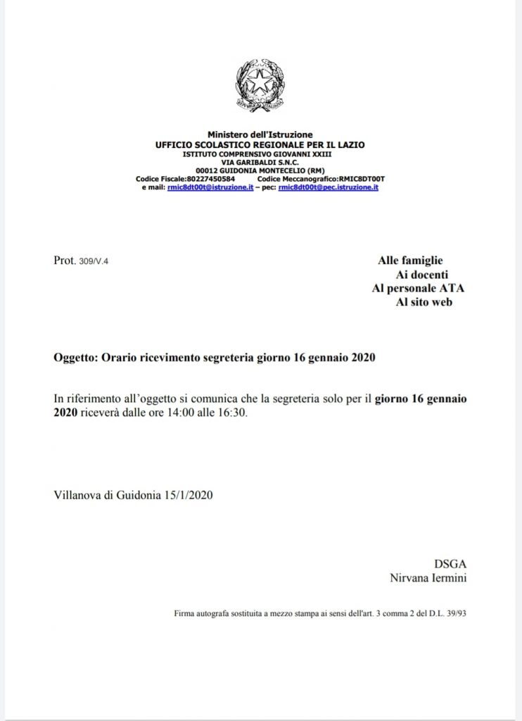 Orario ricevimento segreteria 16-01-2020